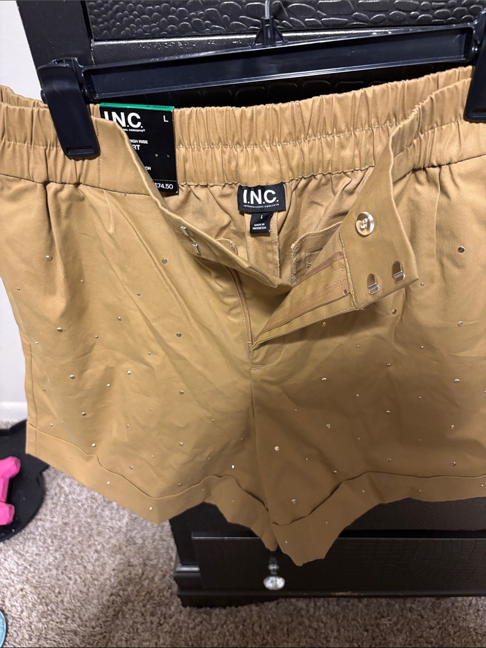 INC International Concepts Tan Embellished Elastic-Waist Bermuda Shorts Large